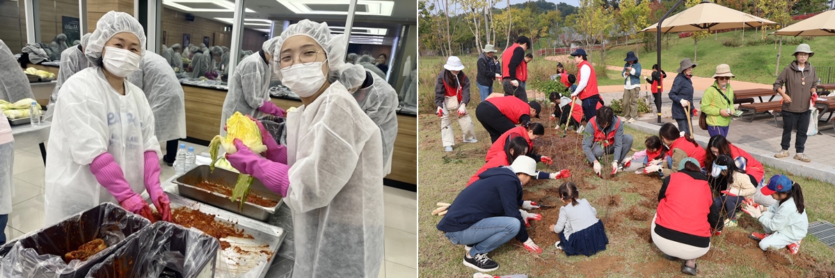 <사진>&nbsp;한미그룹 임직원들의 ‘사랑의 김장김치 나눔 봉사’(왼쪽)와 ‘한미 녹색숲’&nbsp;조성 모습.