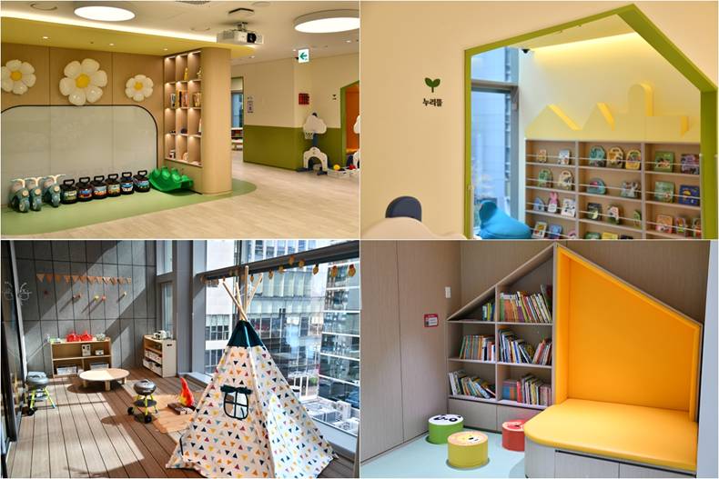 <사진>&nbsp;한미그룹 직장어린이집 ‘리틀랩’의 보육공간.   왼쪽 위부터 시계 방향으로 놀이뜰,&nbsp;누리뜰,&nbsp;도담뜰,&nbsp;마루뜰.