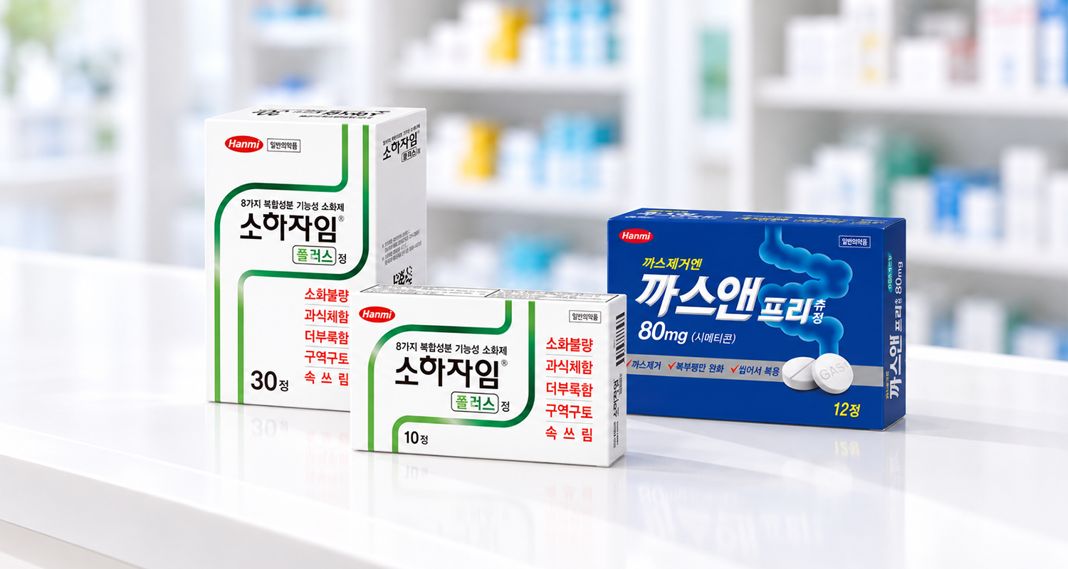 <사진>&nbsp;한미약품의 일반의약품 소화제 소하자임플러스정,&nbsp;까스앤프리츄정.